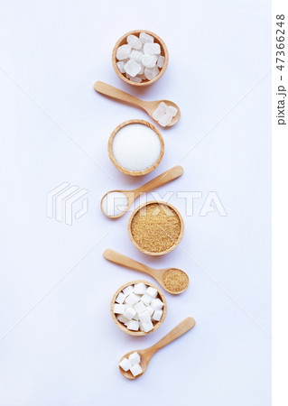Various types of sugar on white 47366248