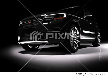 Front view of modern black SUV car in a spotlight Front view of modern black SUV car in a spotlight 47372777