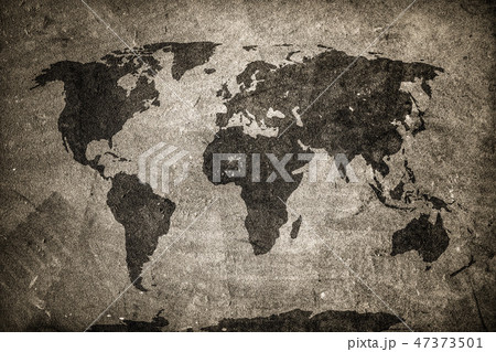 Retro world map on concrete, plaster wall. Vintage, grunge background. 47373501