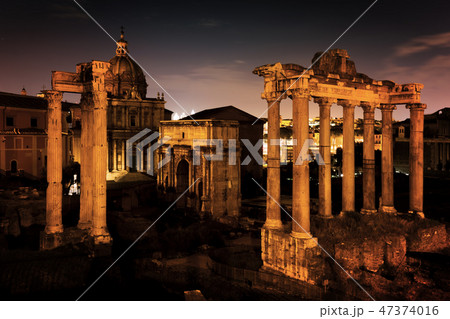 The Roman Forum, Italian Foro Romano in Rome, Italy at night. 47374016