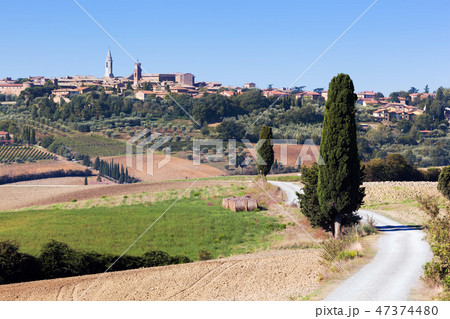 Tuscany landscape with Pienza town on the hill, Italy. 47374480