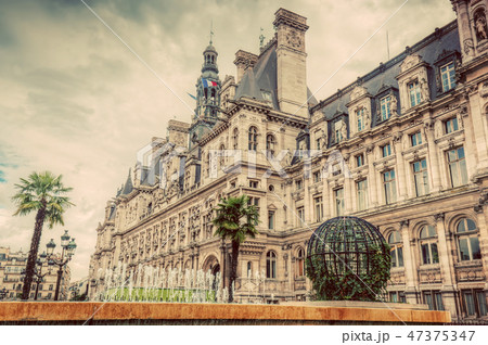 Hotel de Ville in Paris, France. City hall building. Vintage Hotel de Ville in Paris, France. City hall building. Vintage 47375347