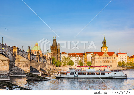 Prague, Czech Republic. Charles Bridge, boat cruise on Vltava river 47375423