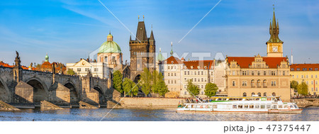 Prague, Czech Republic. Charles Bridge, boat cruise on Vltava river. Vintage Prague, Czech Republic. Charles Bridge, boat cruise on Vltava river. Vintage 47375447