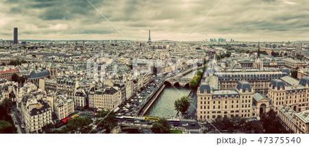 Paris, France panorama with Eiffel Tower, Seine river and bridges. Vintage 47375540