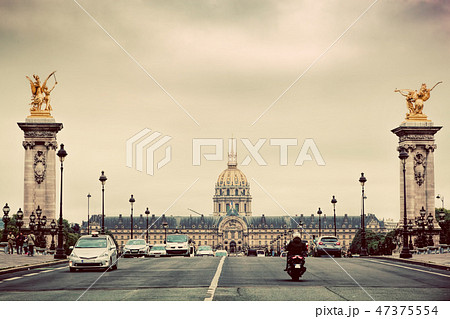 Les Invalides seen from Pont Alexandre III bridge in Paris, France. Vintage 47375554