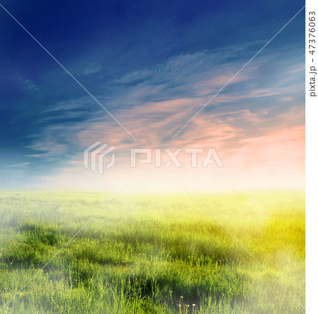 Fairy, magical landscape with sunrise fog Fairy, magical landscape with sunrise fog 47376063