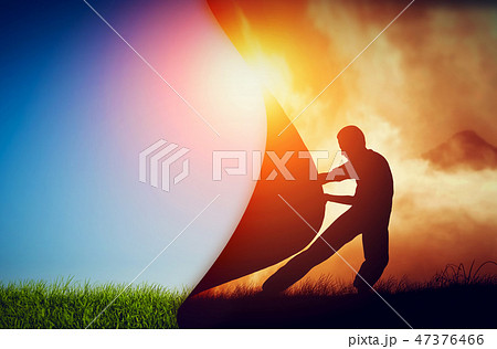 Man pulling curtain of darkness to reveal a new better world. Change. Man pulling curtain of darkness to reveal a new better world. Change. 47376466