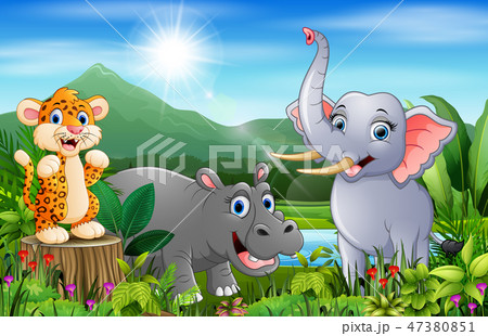 Landscape forest with happy animals cartoon 47380851