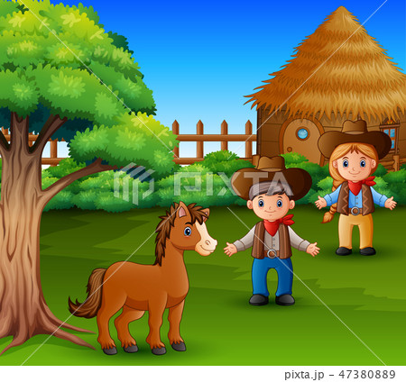 Little horse and farmer wearing rustic clothes Little horse and farmer wearing rustic clothes 47380889