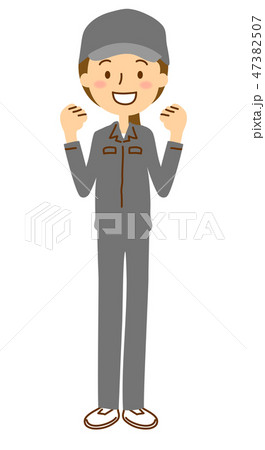 作業服作業帽女性ガッツポーズ全身グレー 作業服作業帽女性ガッツポーズ全身グレー 47382507