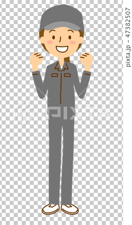 作業服作業帽女性ガッツポーズ全身グレー 作業服作業帽女性ガッツポーズ全身グレー 47382507