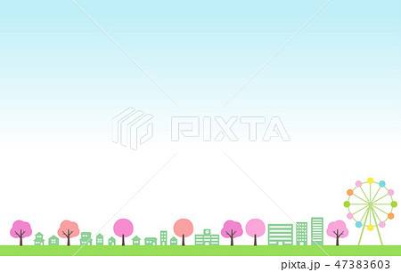 春　桜の木と街並みのイラスト 47383603