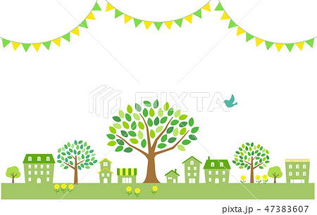 緑の街並みと鳥　イラスト 47383607