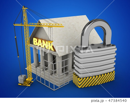 3d illustration of Bank with padlock and crane 47384540