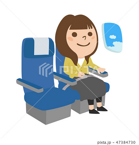 飛行機に乗って空の旅を楽しむ女性のイラストのイラスト素材