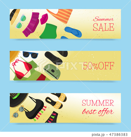 Beach fashion banners vector illustration. Summer woman s outfit. Fashion set with beach clothes and 47386383