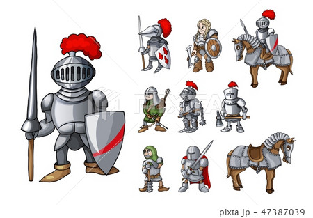 Set of medieval knight characters standing in different poses isolated on white 47387039
