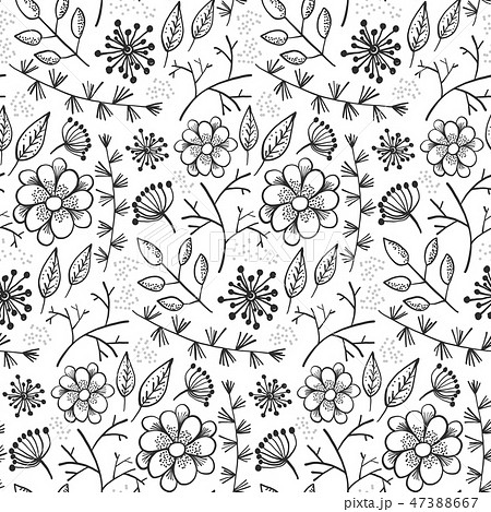 Floral Pattern With Outline Flowers And Herbsのイラスト素材