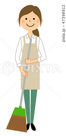 エプロンの女性　掃き掃除 47398912