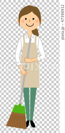 エプロンの女性　掃き掃除 47398912