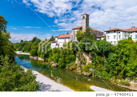 Cividale del Friuli, Italy: View of the old city center with traditional architecture. River 47400411