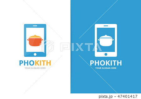 Vector pot and phone logo combination. Kitchen and mobile symbol or icon. Unique pan and device 47401417