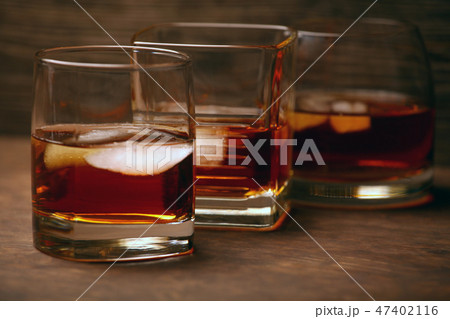 ice whiskey glass wooden background ice whiskey glass wooden background 47402116