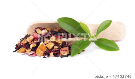 Fruit tea with hibiscus, apple, raspberry, rose petals and dog-rose, isolated on white background. 47402746