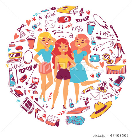 Various types of clothes and accessories for girls vetor illustration. Cartoon female characters Various types of clothes and accessories for girls vetor illustration. Cartoon female characters 47403505