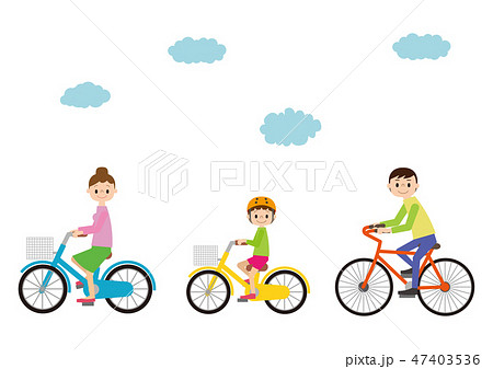 こちらを向いて自転車に乗る 父母と子どものイラスト素材