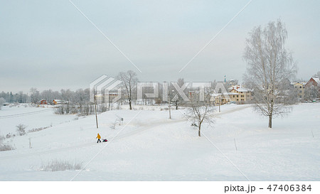 Winter snowy countryside landscape with people. Winter snowy countryside landscape with people. 47406384