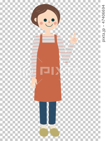 赤いエプロンを着た笑顔のお母さん　指差し 47406694