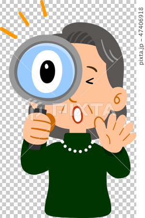 虫眼鏡を覗いて驚く中年女性の上半身　シニア　上品 47406918