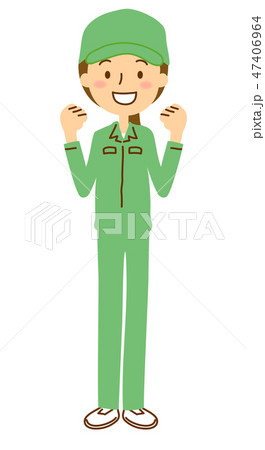 作業服作業帽女性ガッツポーズ全身グリーン 作業服作業帽女性ガッツポーズ全身グリーン 47406964