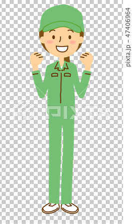 作業服作業帽女性ガッツポーズ全身グリーン 作業服作業帽女性ガッツポーズ全身グリーン 47406964