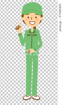 作業服作業帽女性指差し全身グリーン 47406965