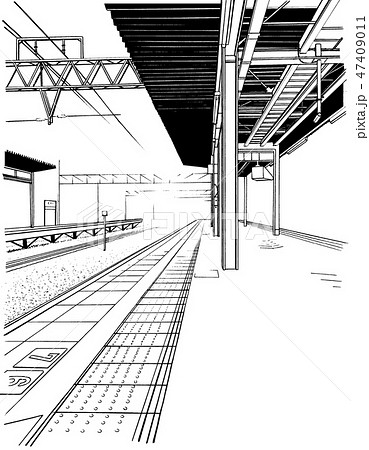 漫画風ペン画イラスト 駅 ホームのイラスト素材