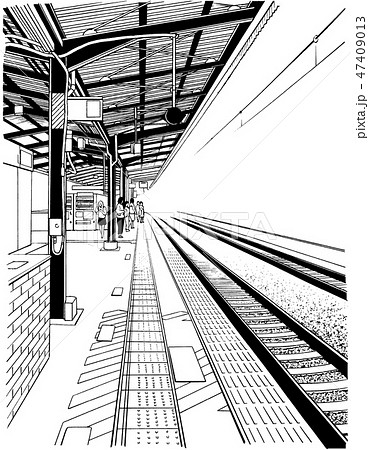漫画風ペン画イラスト 駅 ホームのイラスト素材