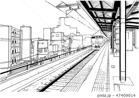 漫画風ペン画イラスト 駅 ホームのイラスト素材