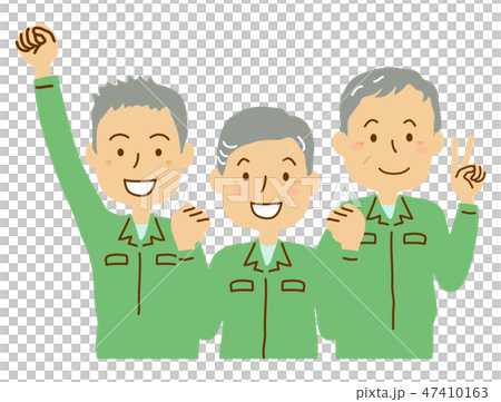 作業服のシニア男性三人グリーンのイラスト素材