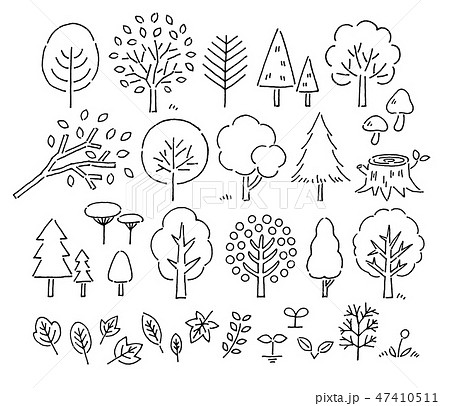 木や葉手描きペン画のイラスト素材