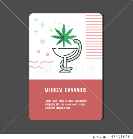 Medical cannabis vertical banner with line icon of snake twined around bowl with marijuana leaf. Medical cannabis vertical banner with line icon of snake twined around bowl with marijuana leaf. 47411378