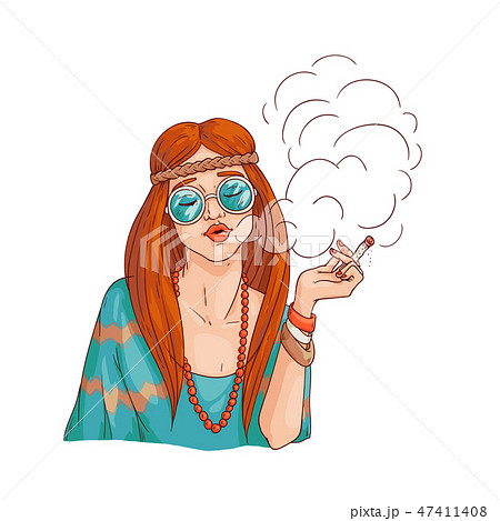 Vector Flat Hippie Girl Smoking Cannabis Cigaretteのイラスト素材