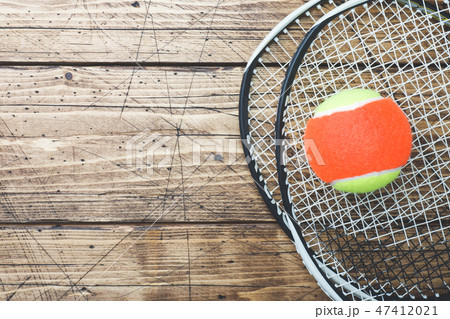 Tennis Ball and rackets on Wood Background, Sport  47412021