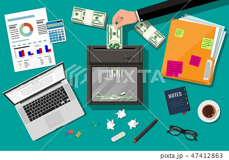 Hand putting dollar banknote in shredder machine 47412863