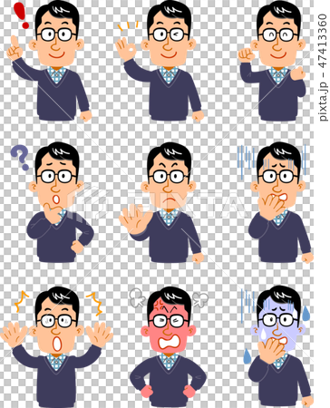9 poses and gestures of the upper body of men wearing eyeglasses 9 poses and gestures of the upper body of men wearing eyeglasses 47413360