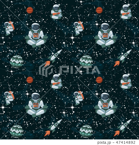 Comic space with stars, funny astronauts and spaceships seamless pattern 47414892
