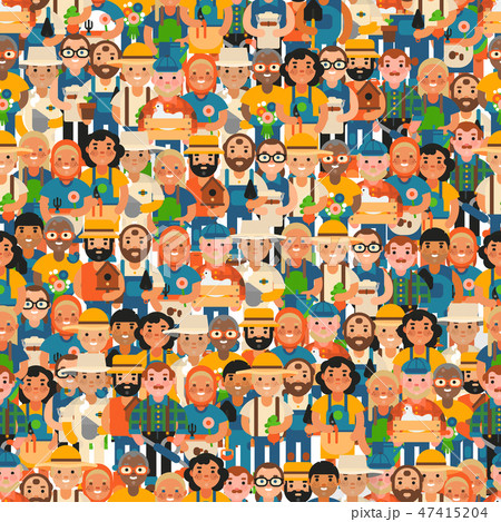 Happy farmers seamless pattern vector illustration. Old and young people, cartoon characters. Male 47415204