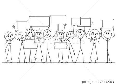 Premium Vector  Demonstration blank canvas hold protesters black line  pencil drawing vector demonstration poster holding young man and woman  activists on street strike characters people public protest illustration